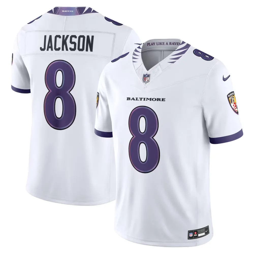 Men's Baltimore Ravens #8 Lamar Jackson Nike White Vapor F.U.S.E. Sewn Down Limited Jersey