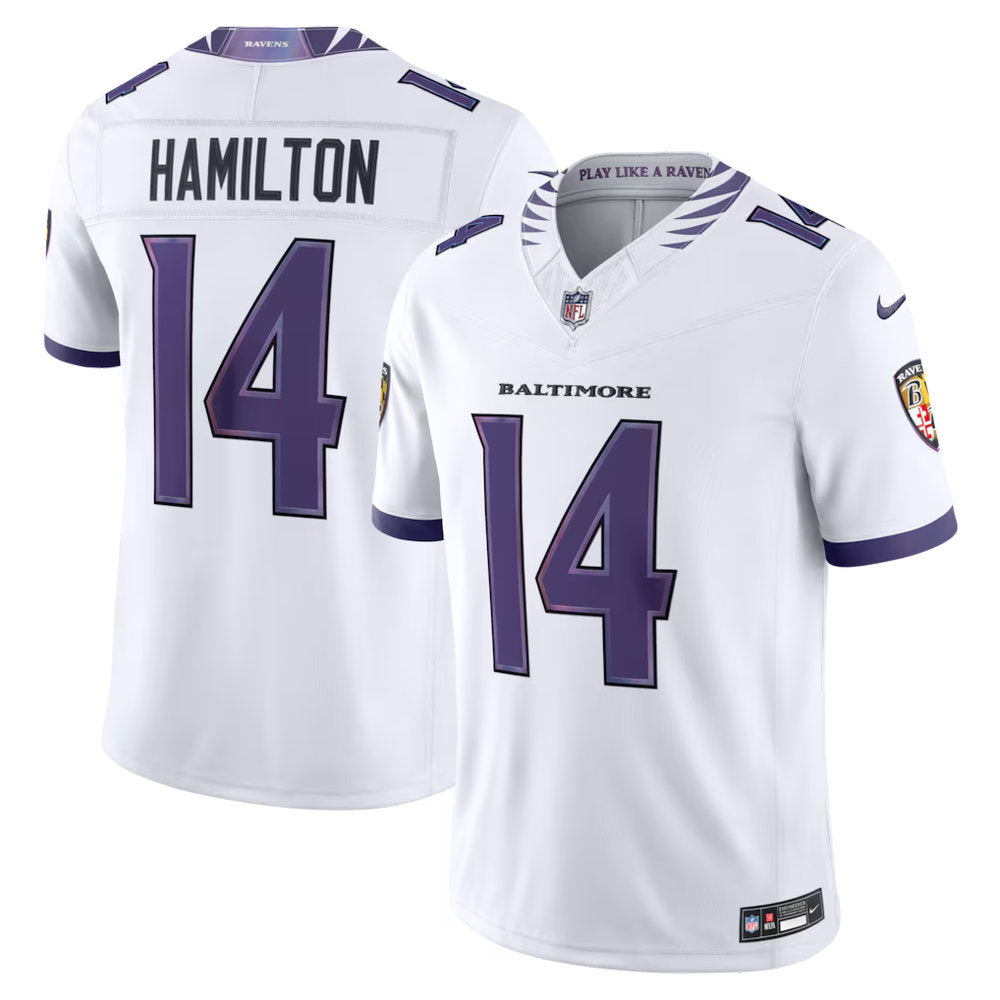 Men's Baltimore Ravens #14 Kyle Hamilton Nike White Vapor F.U.S.E. Sewn Down Limited Jersey
