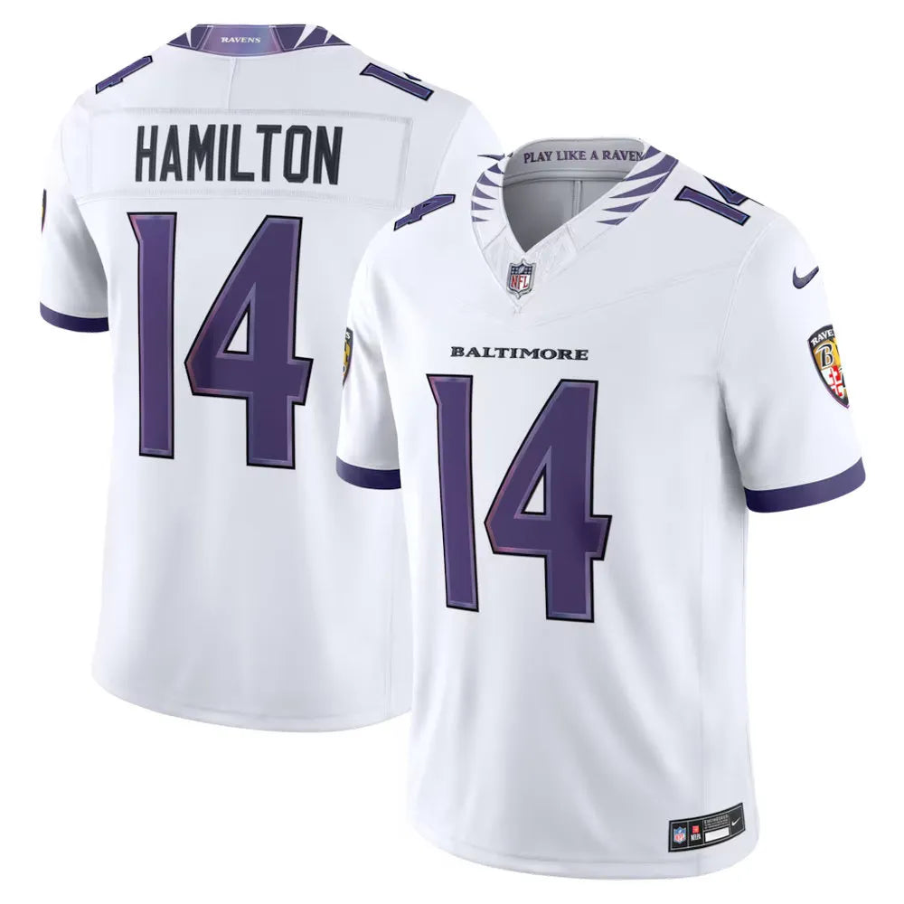 Men's Baltimore Ravens #14 Kyle Hamilton Nike White Vapor F.U.S.E. Sewn Down Limited Jersey