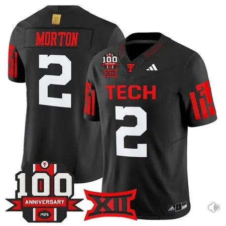 Men's Texas Tech Red Raiders #2 Behren Morton Black Premier 100 Year Anniversary Football Jersey
