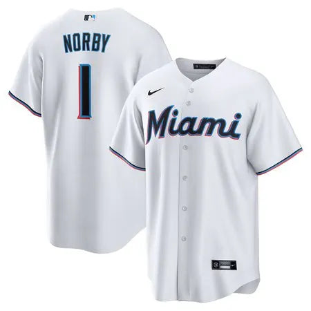 Men's Miami Marlins #1 Connor Norby
White Home Replica Jersey