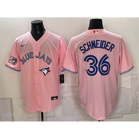 Men's Toronto Blue Jays #36 Davis Schneider Pink 50 Seasons Patch Stitched Baseball Jersey