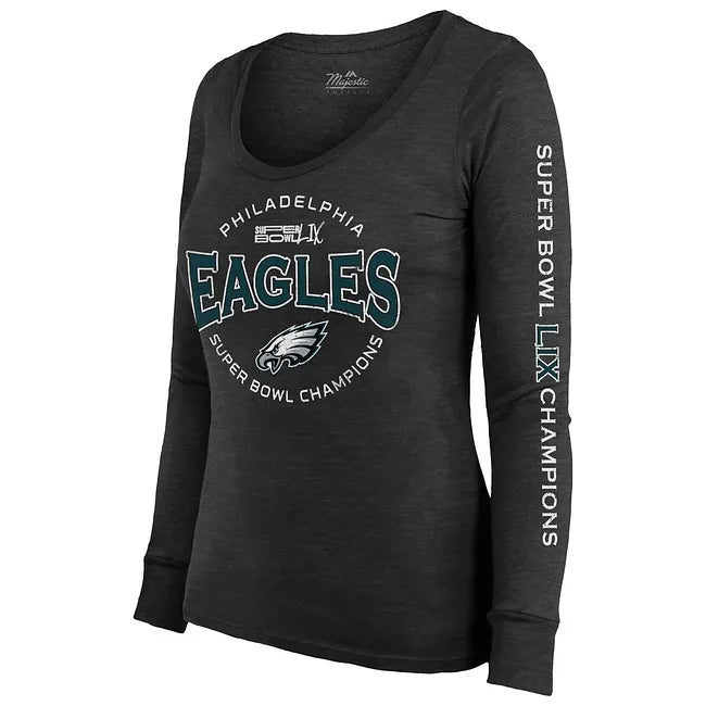 Women's Philadelphia Eagles Threads Black Super Bowl LIX Champions Highlight Tri-Blend Scoop Neck Long Sleeve T-Shirt